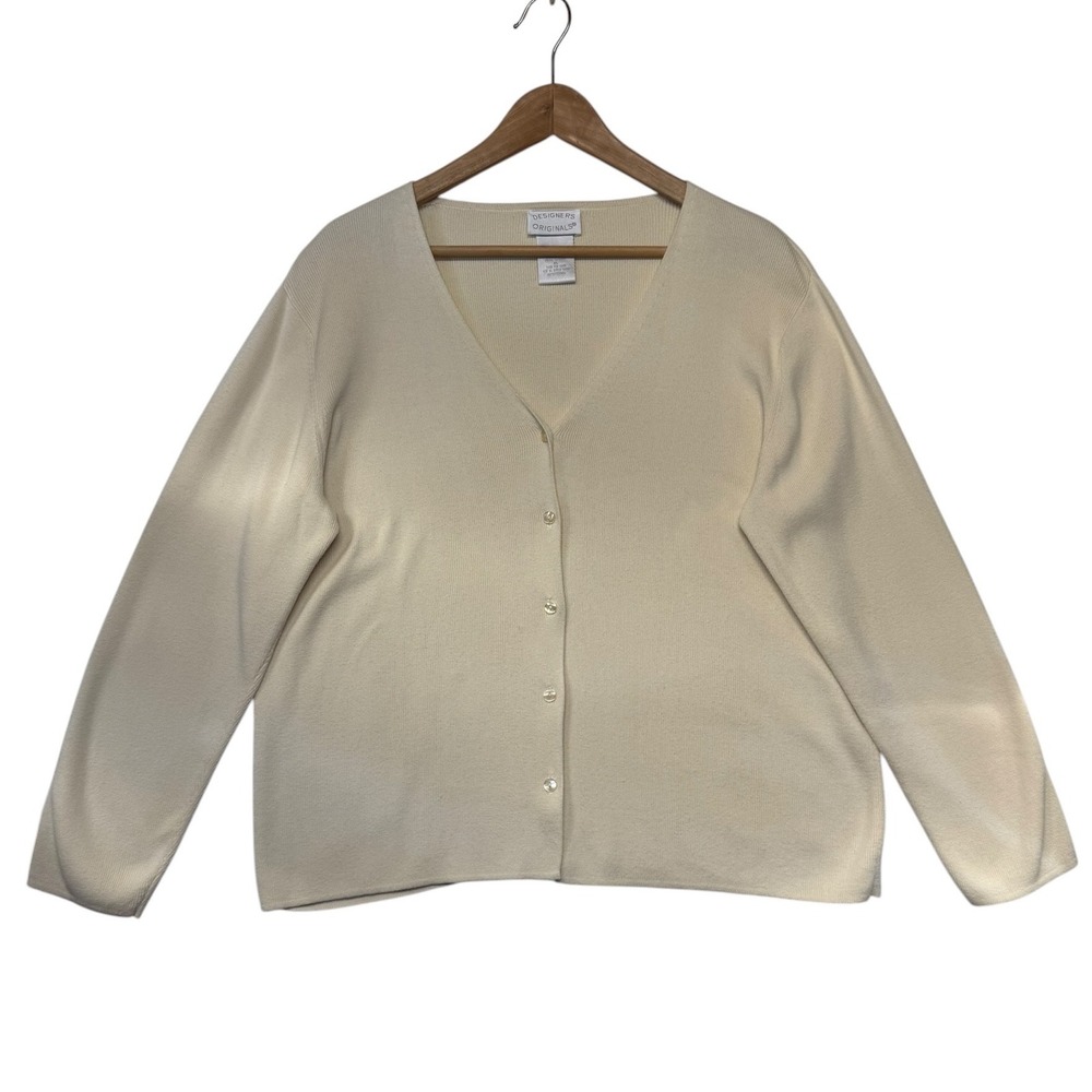 Designers Originals Vintage Womens XL Cream Cotton V-Neck Button‎ Front Cardigan